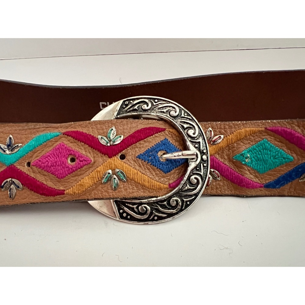 Chicos Womens Large Leather Belt Embroidered Multi Color Boho Western Studded